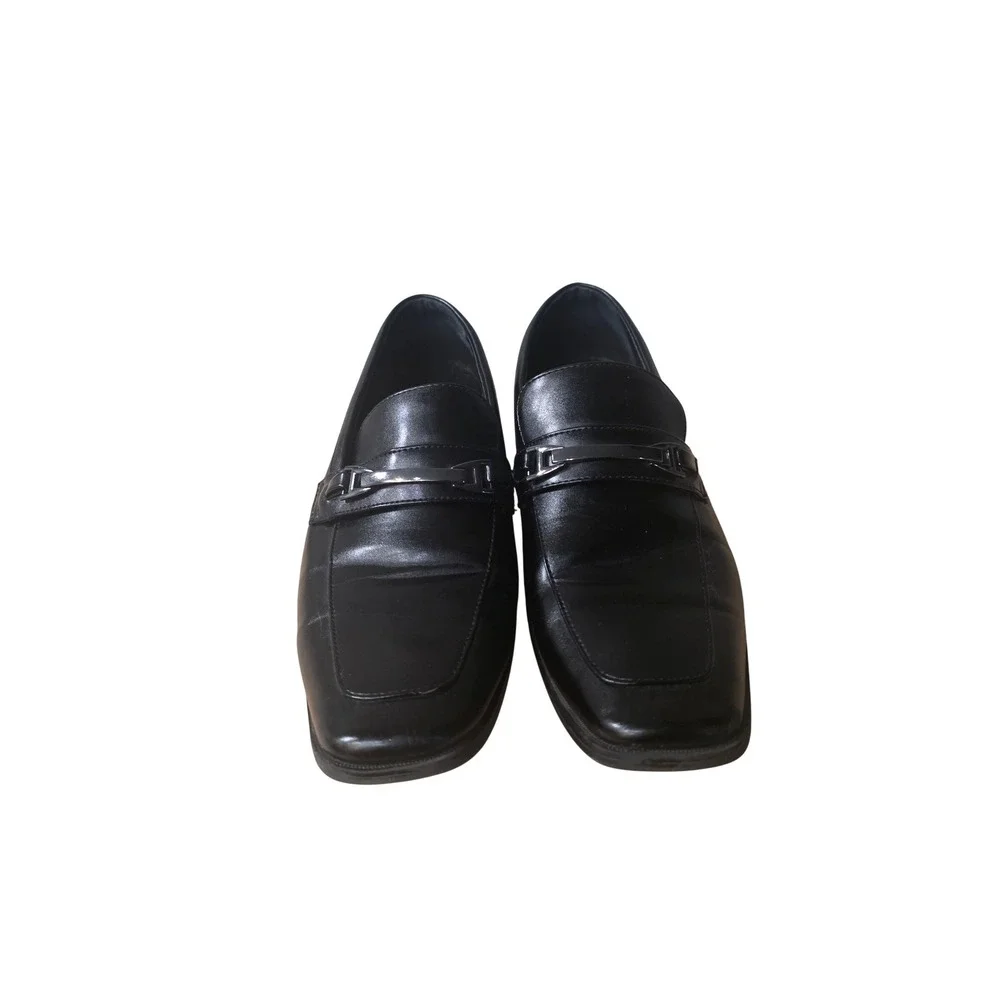 Perry Ellis Mens Black Leather Bit Loafers Square‎ Toe Dress Shoes Size 10.5